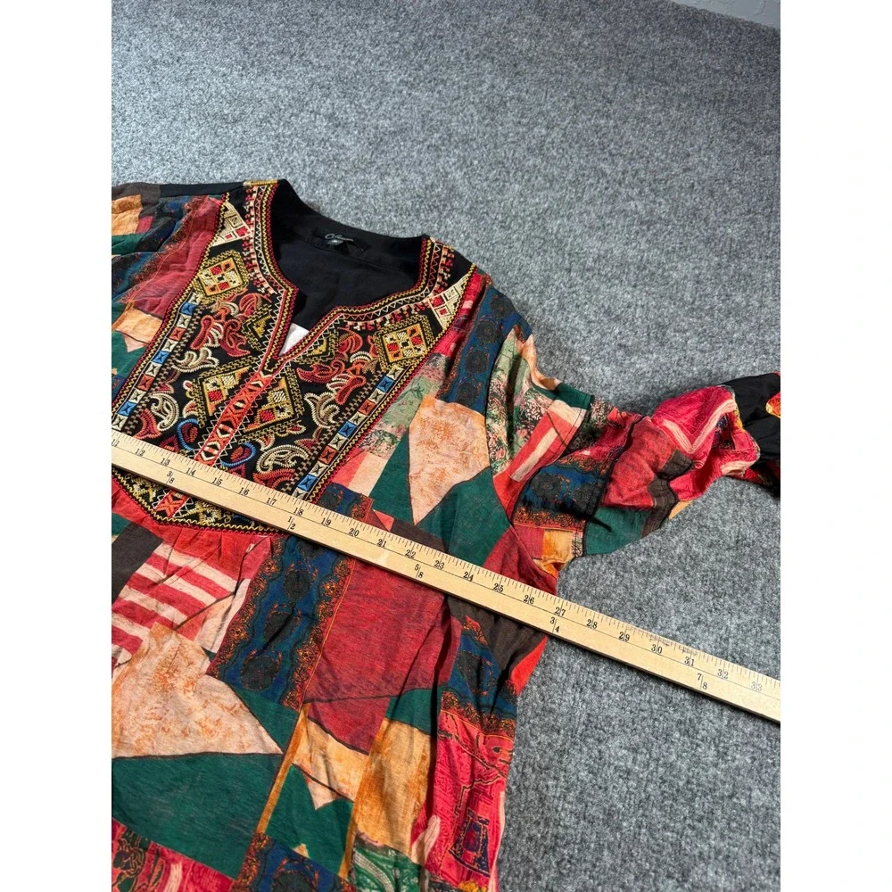 Calessa Womens Patchwork Embroidered Tunic Top‎ Bell Sleeve Multicolor Size 3X